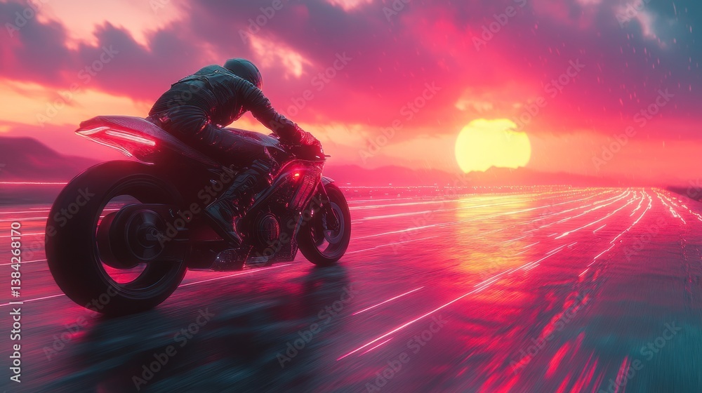 Fototapeta premium Futuristic biker rides at sunset, motion blur trails