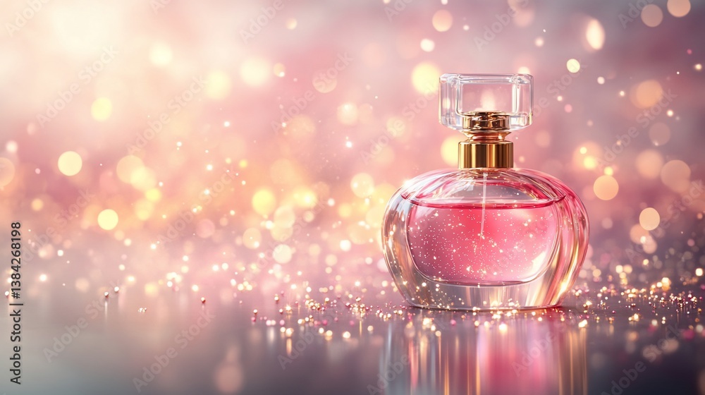 Pink perfume bottle on sparkling background Pink perfume bottle on sparkling background