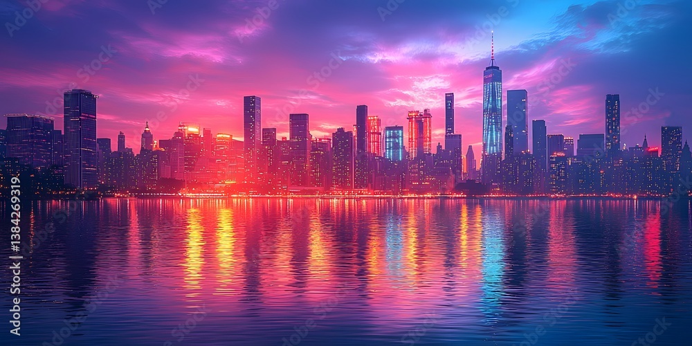 Fototapeta premium Vibrant Cityscape at Dusk with Colorful Reflections on Water