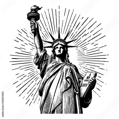 Liberty statue sketch engraving black and white outline. Scratch board imitation.  illustrated in vintage line art style on a white background.
