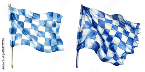 Watercolor flags with blue and white checkered patterns, symbolizing celebration and festivity. Perfect for events