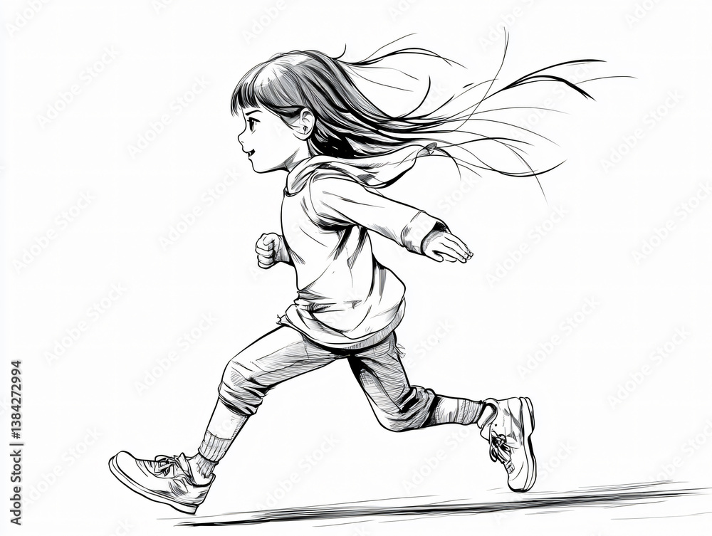 Energetic Anime Running Girl Illustration: Sketch of Active Young Girl in Dynamic Pose for Fitness and Adventure Enthusiasts