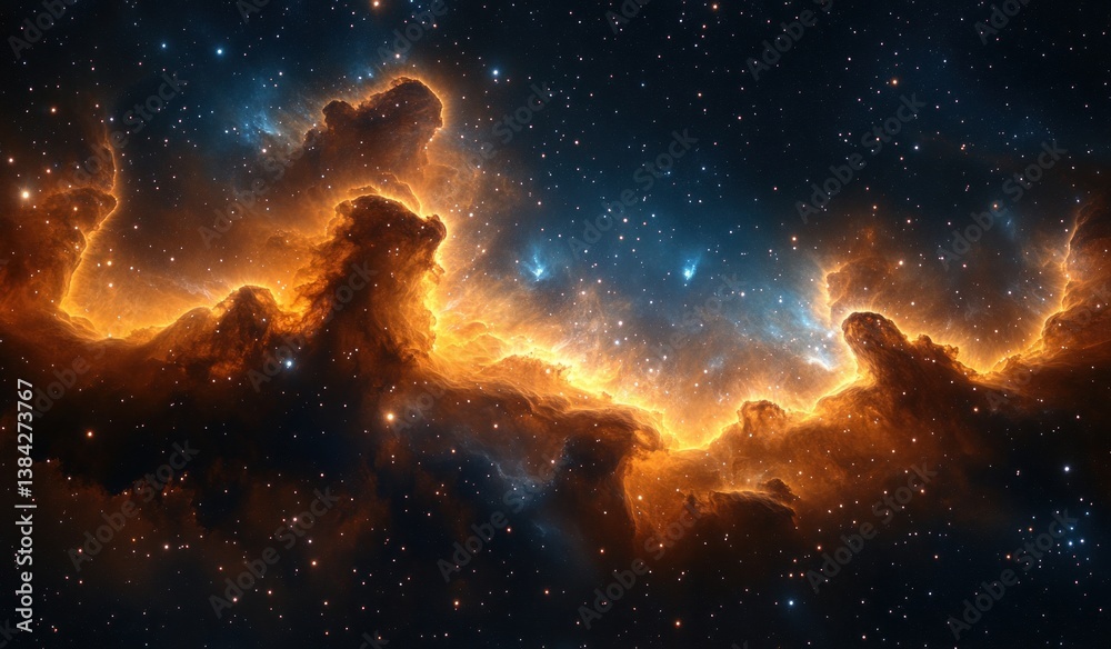 Fototapeta premium Cosmic Nebula Interstellar Cloud and Radiant Stars in Vibrant Orange and Blue Colors