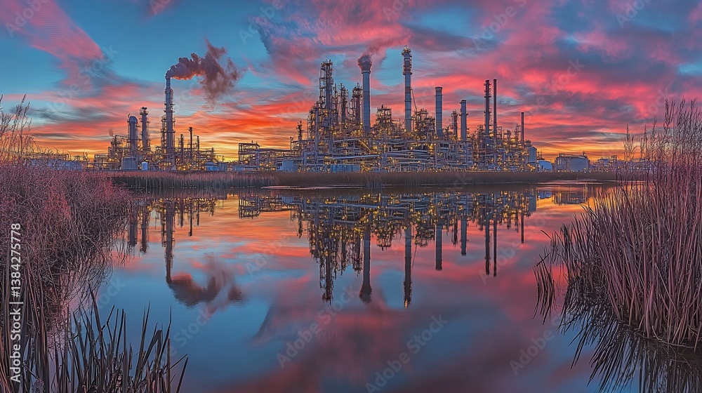 Obraz premium Oil refinery reflected in calm water at sunset