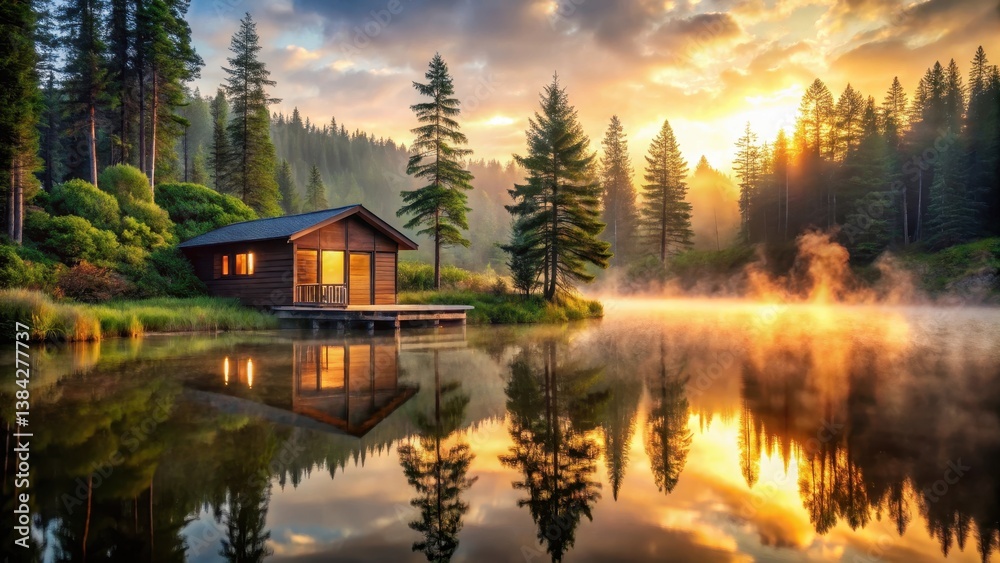 Fototapeta premium Serene Lakeside Cabin at Sunrise, Mirrored in Still Waters, Bathed in Golden Light