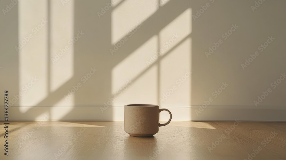 Obraz premium A ceramic mug sits on a wooden floor in sunlight