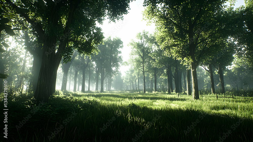 Obraz premium Peaceful Pixelated Forest Path at Sunrise