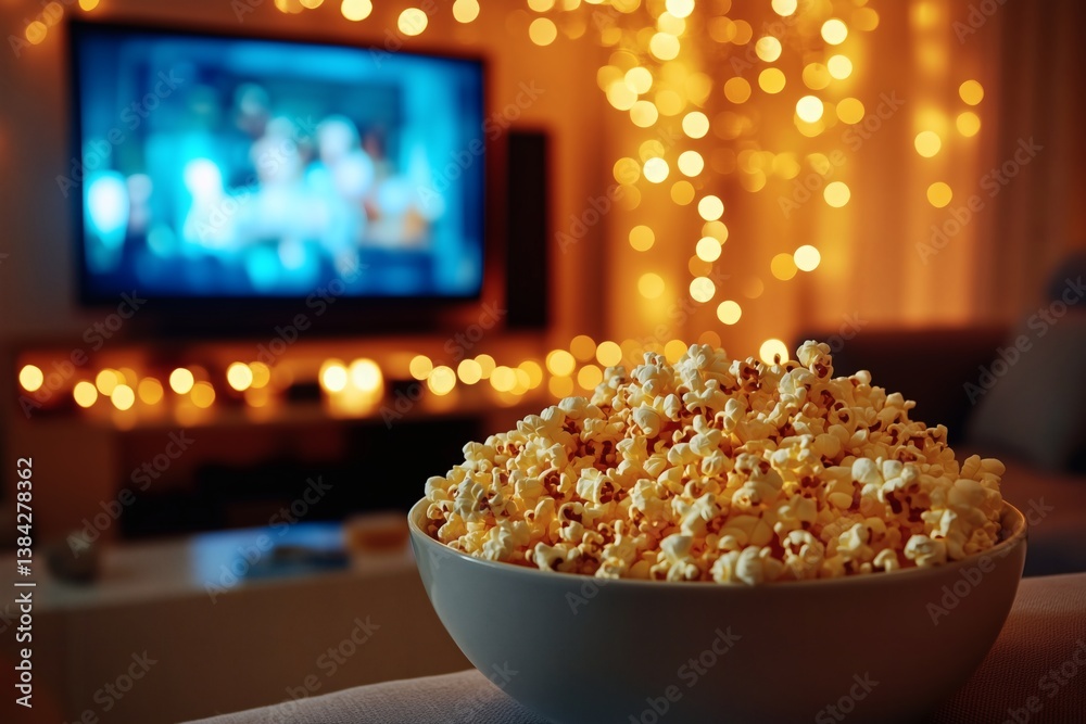 Bowl of golden buttery popcorn in a cozy living room setting with a blurred TV Show and glowing warm lights Bowl of golden buttery popcorn in a cozy living room setting with a blurred TV Show and glowing warm lights