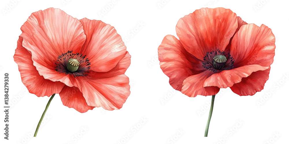 Obraz premium Vibrant poppy flowers gentle red hues, showcasing delicate petals and intricate details, evoke sense of beauty and tranquility