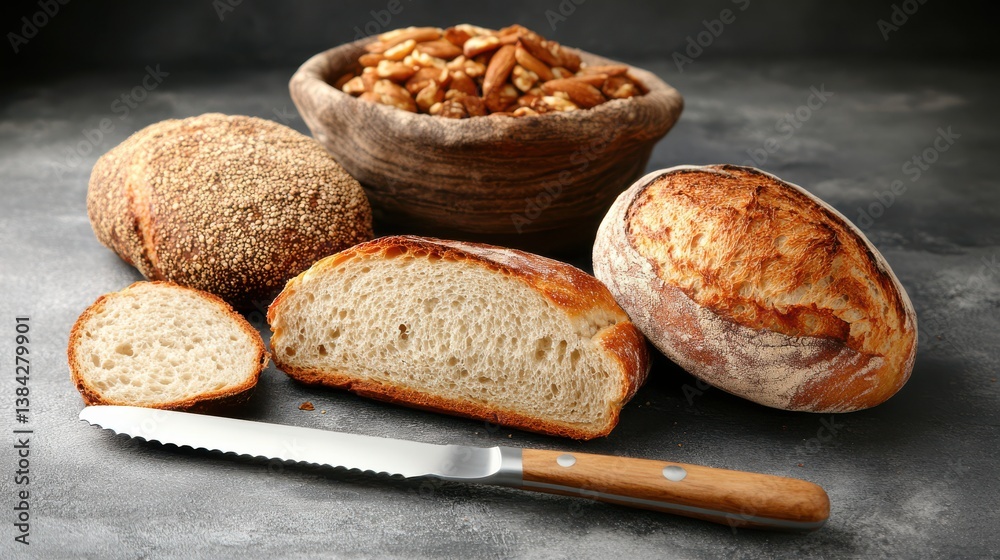 Artisan Knife and Freshly Baked Bread on Rustic Table Setting for Meals Artisan Knife and Freshly Baked Bread on Rustic Table Setting for Meals