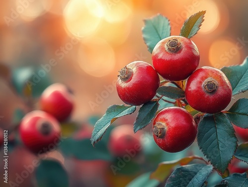 Red Rose Hips on Green Leafy Branch Macro Photography