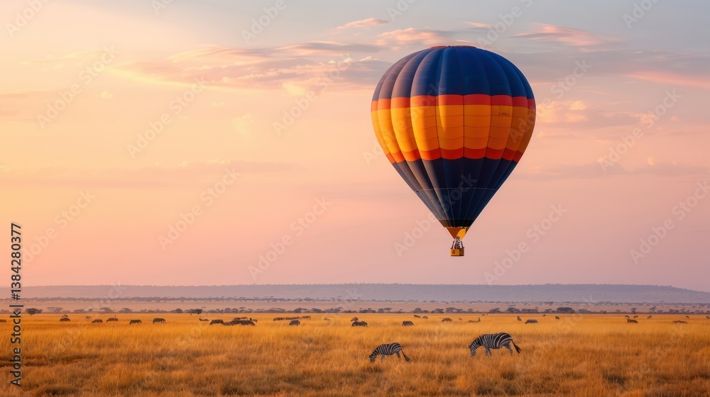Naklejka premium A hot air balloon gently floating over the Serengeti plains, herds of wildebeest and zebras grazing below. 