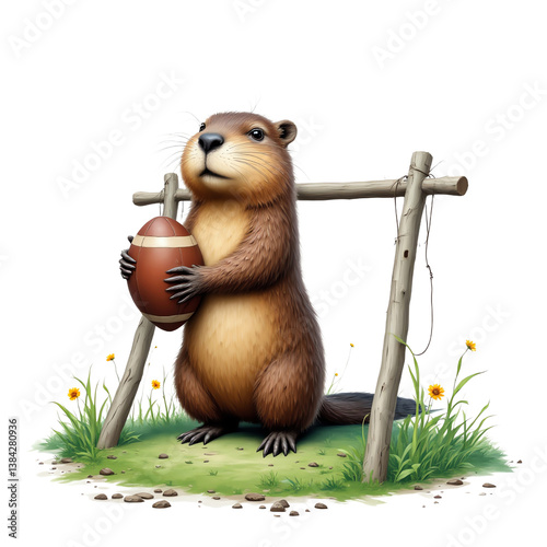 Cute cartoon beaver holding an American football. photo