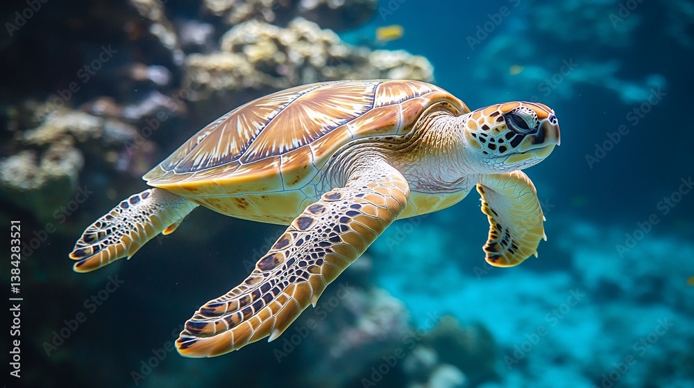 Obraz premium Sea turtle gracefully swimming in vibrant coral reef.