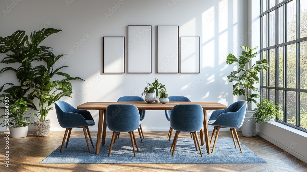 Fototapeta premium Scandinavian interior design modern dining room with wooden table blue accent chairs 3D rendering