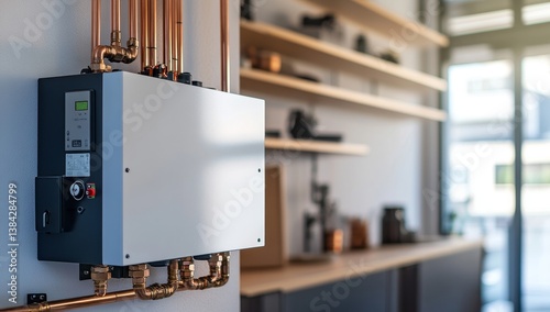 Modern wall-mounted water heater in a bright, open space