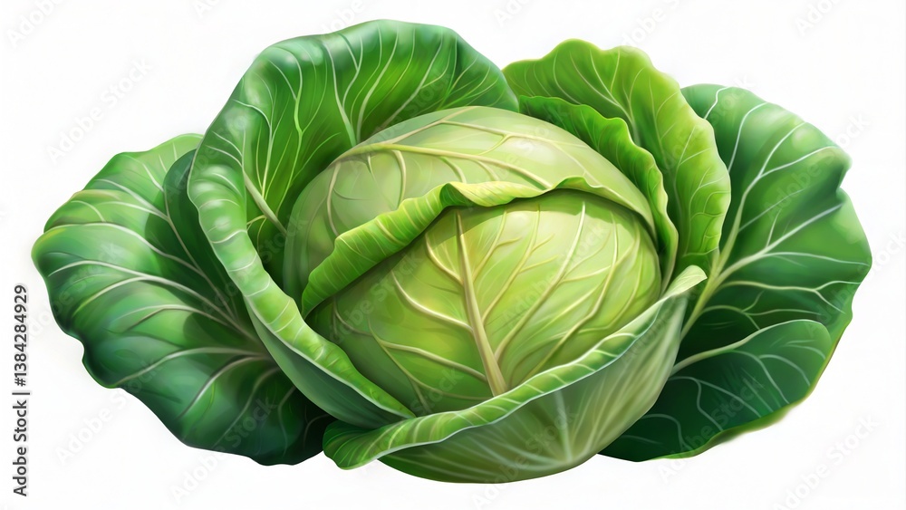 Obraz premium A vibrant green cabbage with layered leaves isolated on a white background in a close up view