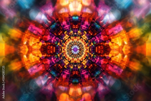 Kaleidoscope patterns in a triadic color scheme with abstract composition and diffused light