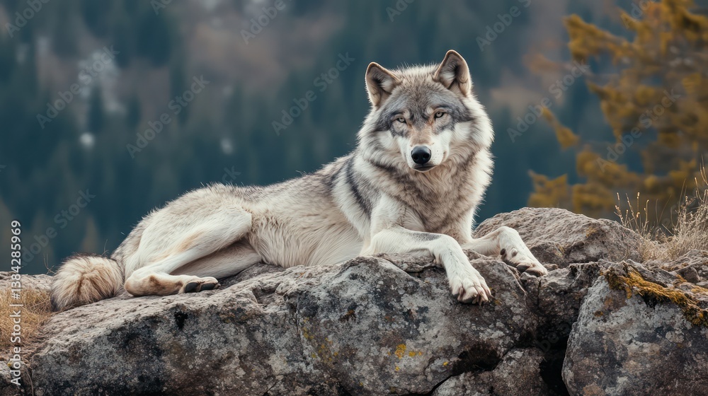 Fototapeta premium Gray Wolf Resting on Rocks Forest Wildlife
