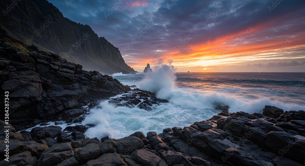 Obraz premium Coastal Sunset with Crashing Waves