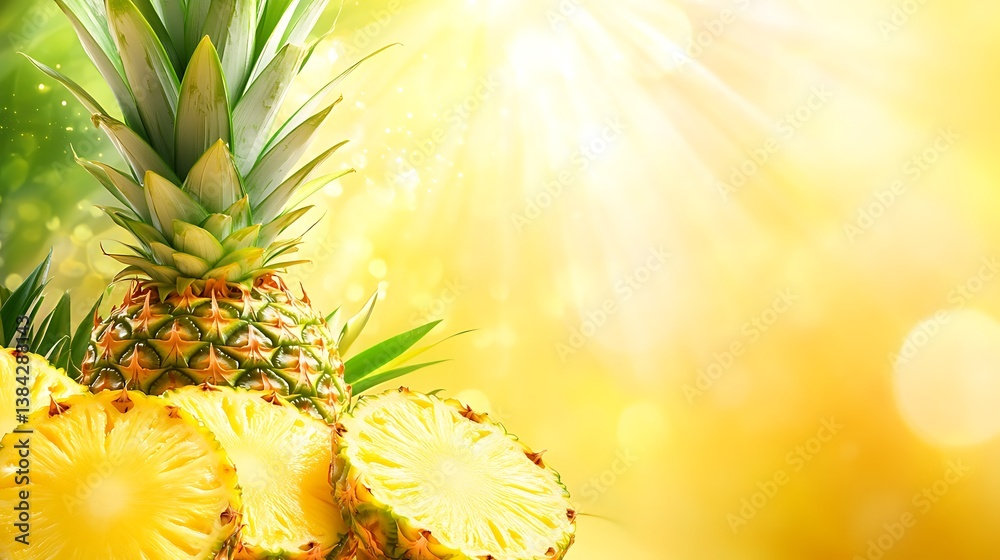 A vibrant National Pineapple Day background featuring a whole pineapple with a spiky green crown, against a golden yellow gradient, macro shot