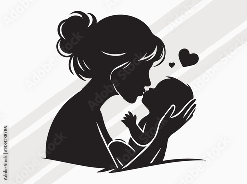 Mother Kissing Baby Silhouette Black Vector for Cards and Creative Designs