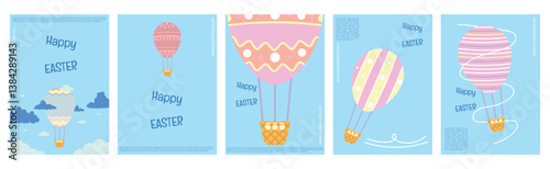 A cute and creative happy easter poster set with hot air balloon flying and a decorative egg