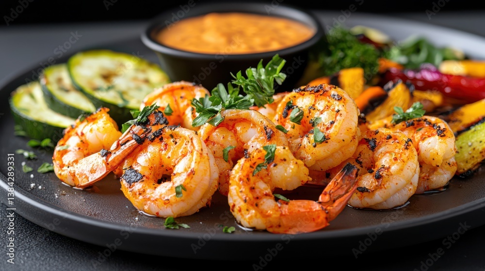 Delicious Plate of Shrimp and Fresh Vegetables with Tasty Sauce Side