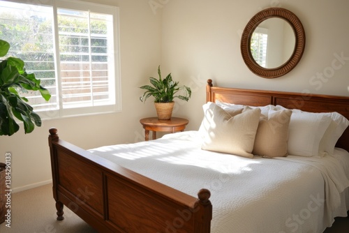 Sunlit bedroom with wooden bed, white bedding, plants, and mirror.