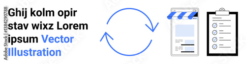Arrows forming a circular process cycle with a storefront icon, webpage layout, and checklist marking steps. Ideal for business workflow, automation, e-commerce, task management, planning, process