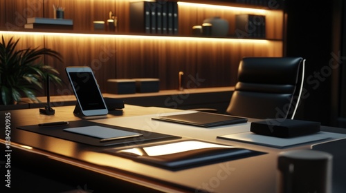 Modern executive office interior design, dark, elegant, and sophisticated.  Wooden wall, illuminated shelving, desk, chair, digital devices, and office supplies.