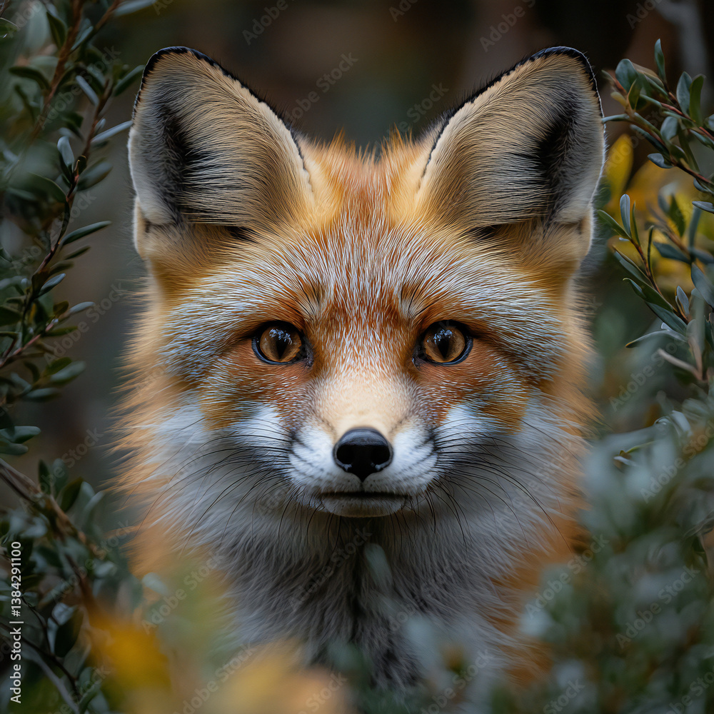Obraz premium A curious fox peeking through the underbrush in a dense forest