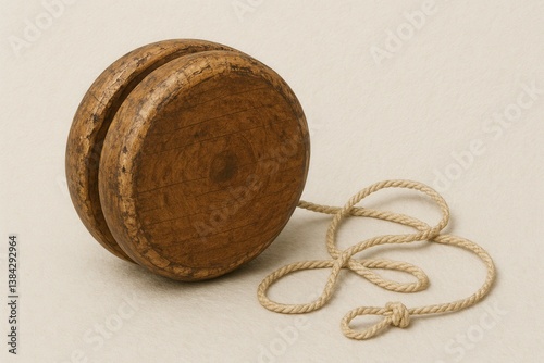 Old wooden yo-yo with a rope on a textured background.
