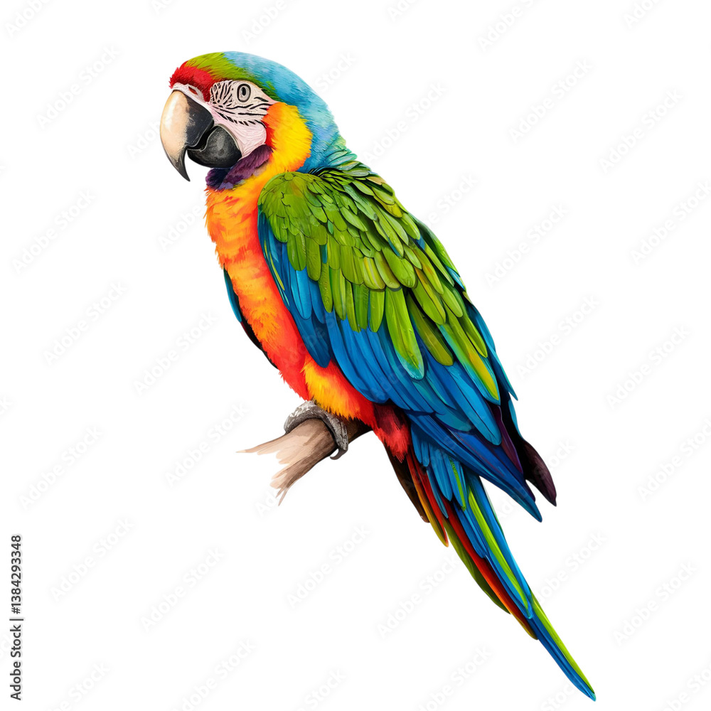 A colorful macaw perched on a branch with a black background and vibrant plumage illustration style on transparent background A colorful macaw perched on a branch with a black background and vibrant plumage illustration style on transparent background
