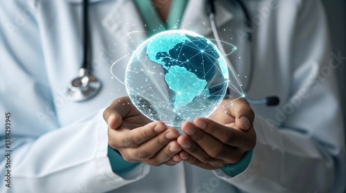 Hands Holding a Transparent Globe with Futuristic Digital Elements Telemedicine Therapy