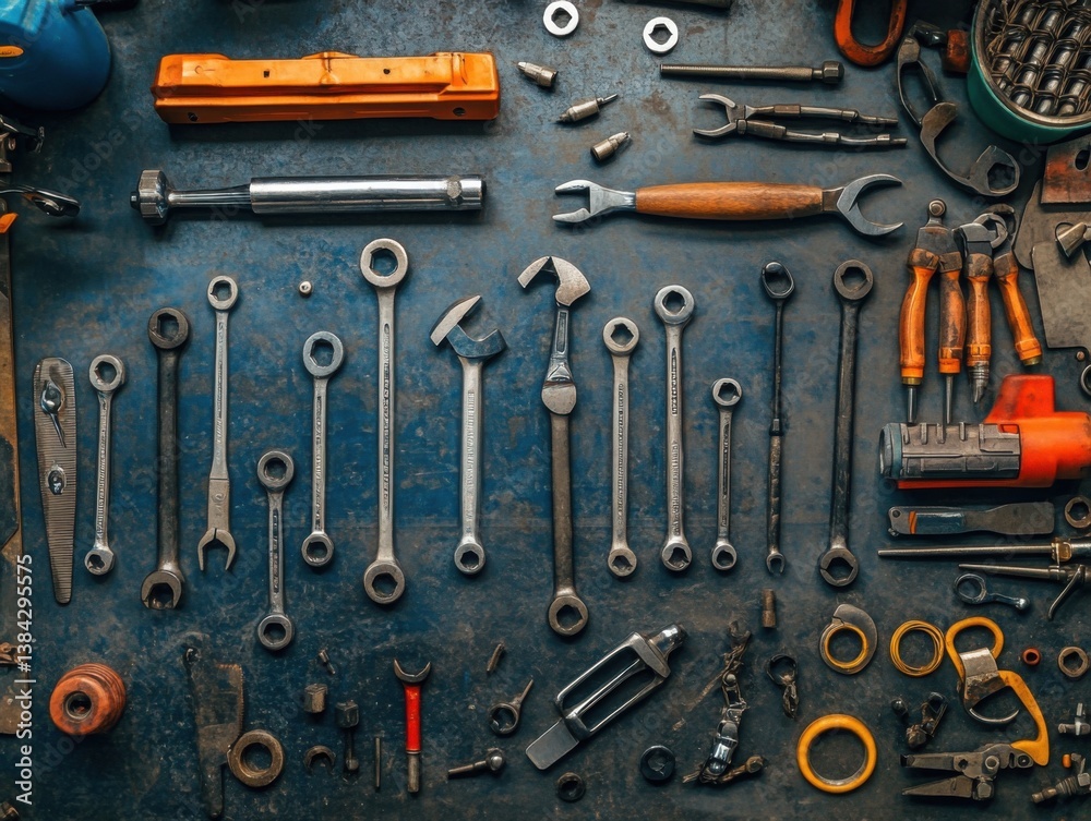 Mechanic tools flat lay industrial composition with harsh sunlight and negative space on right