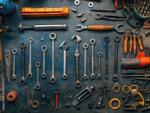 Obraz na płótnie Mechanic tools flat lay industrial composition with harsh sunlight and negative space on right w salonie
