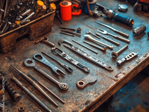 Mechanic tools flat lay industrial composition with harsh sunlight and negative space on right