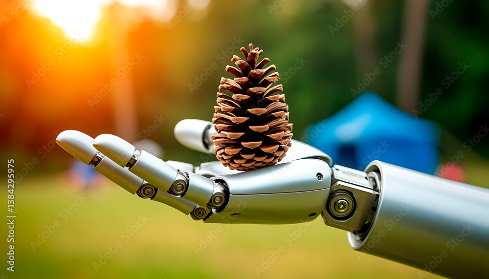 A metallic robotic hand gently holding a natural pine cone, with a summer camp in the background. The combination of technology and nature symbolizes innovative learning.