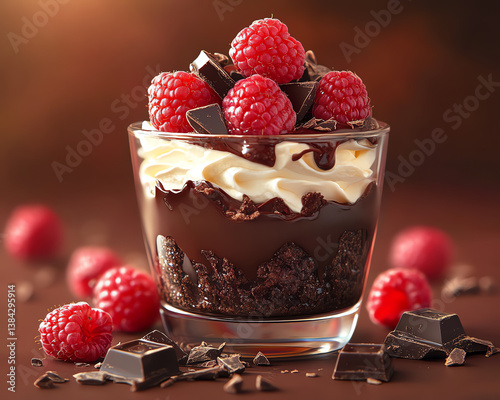 Delicious chocolate dessert with fresh raspberries, whipped cream, and dark chocolate garnishment.