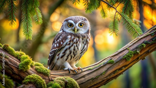 A northern saw whet owl perched on a moss covered branch in a forest setting with bright yellow eyes