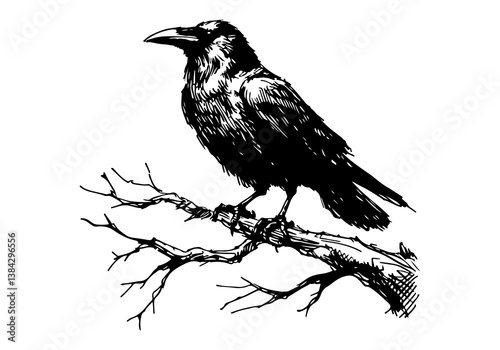 Raven Hand Drawn Illustration Black and White Vector Isolated