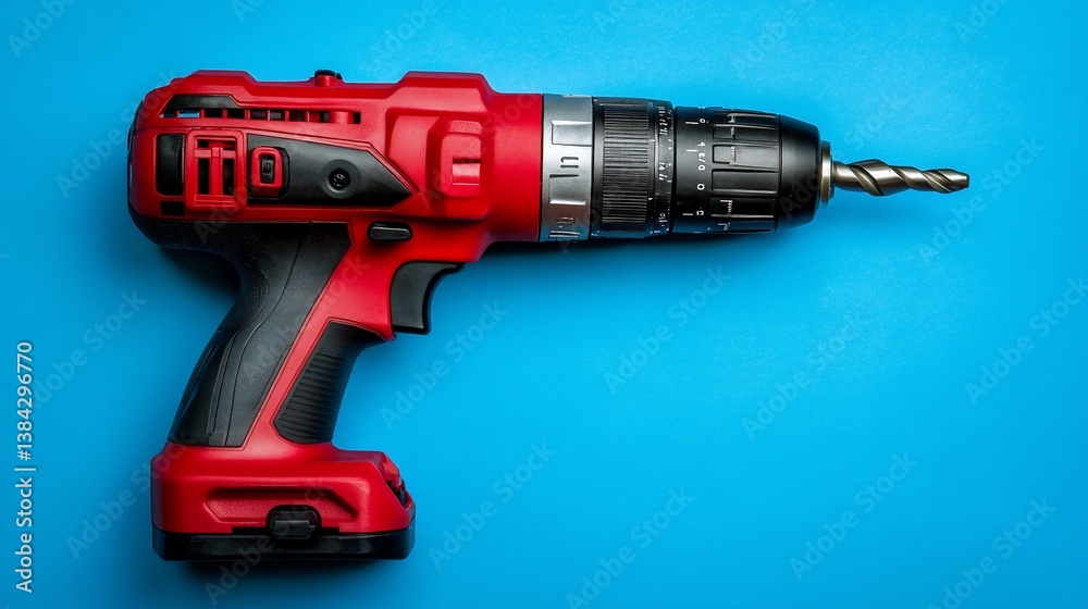 Red cordless drill, blue background, DIY project Red cordless drill, blue background, DIY project