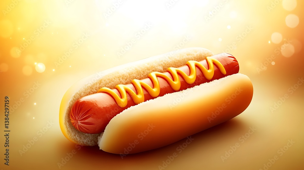 A warm National Hot Dog Day background featuring a classic hot dog with mustard and ketchup, against a soft yellow and red gradient, macro shot