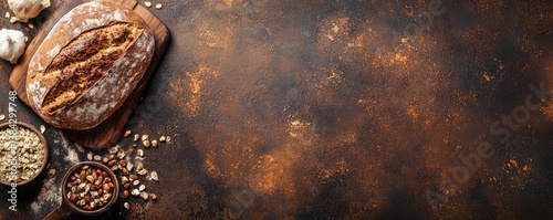 Artisan bread with nuts and seeds on rustic surface