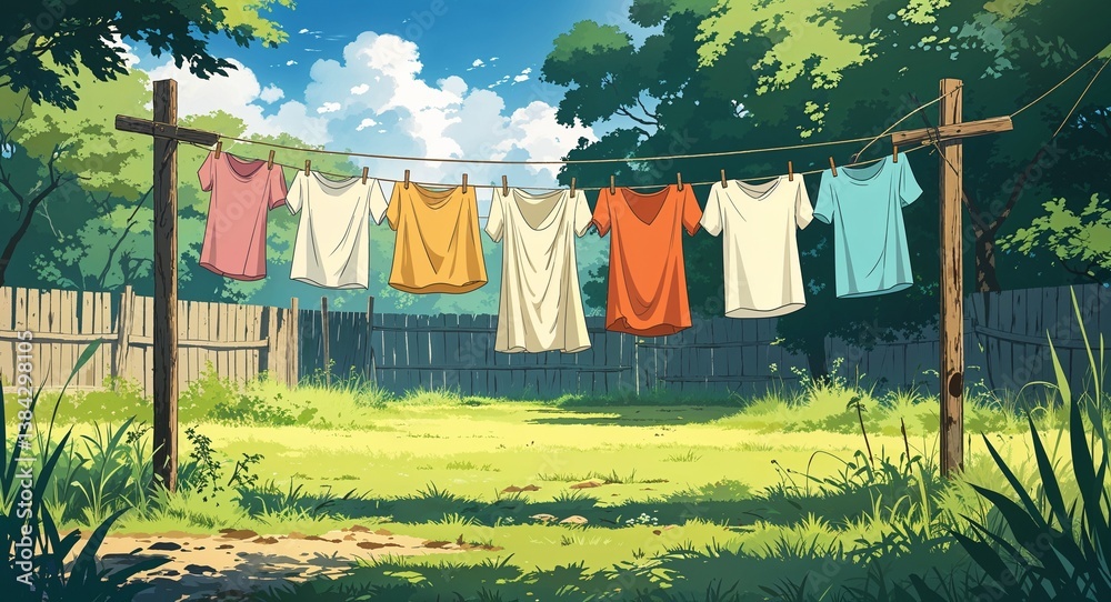 Obraz premium Clothes drying on rustic lines in an open yard surrounded by unkempt grass anime cartoon style illustration artwork design background
