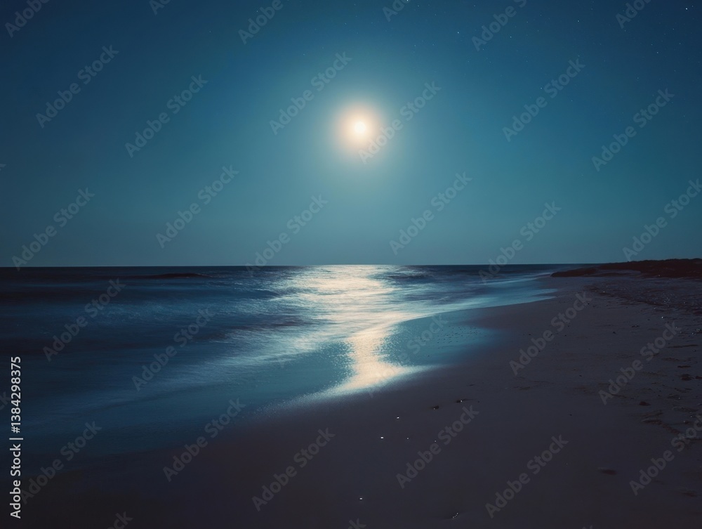Fototapeta premium Moonlit beach with light painting and serene composition, space for text above