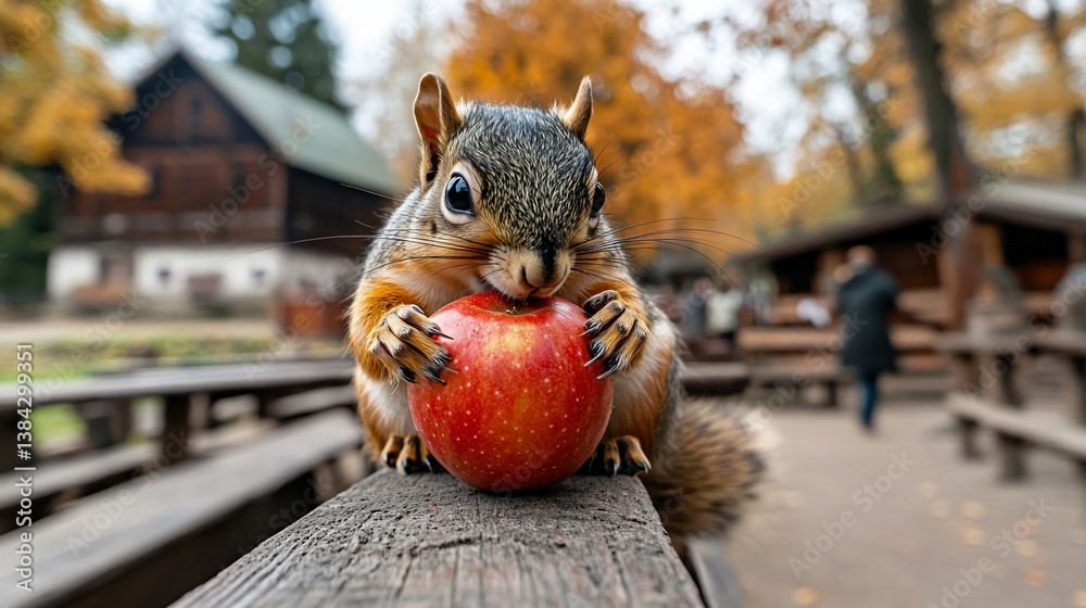 Fototapeta premium Squirrel eating red apple on wooden railing with park buildings in fall