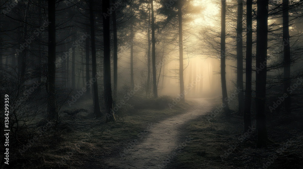 Obraz premium A path winds through a misty forest towards bright sunlight