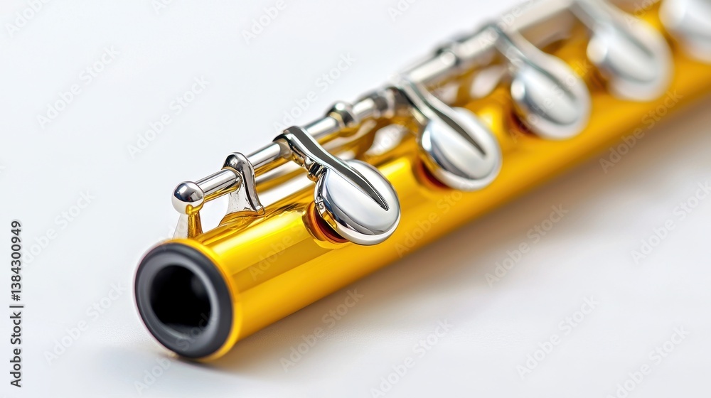 Naklejka premium Close-up of a Gleaming Gold Flute with Silver Keys on White Background